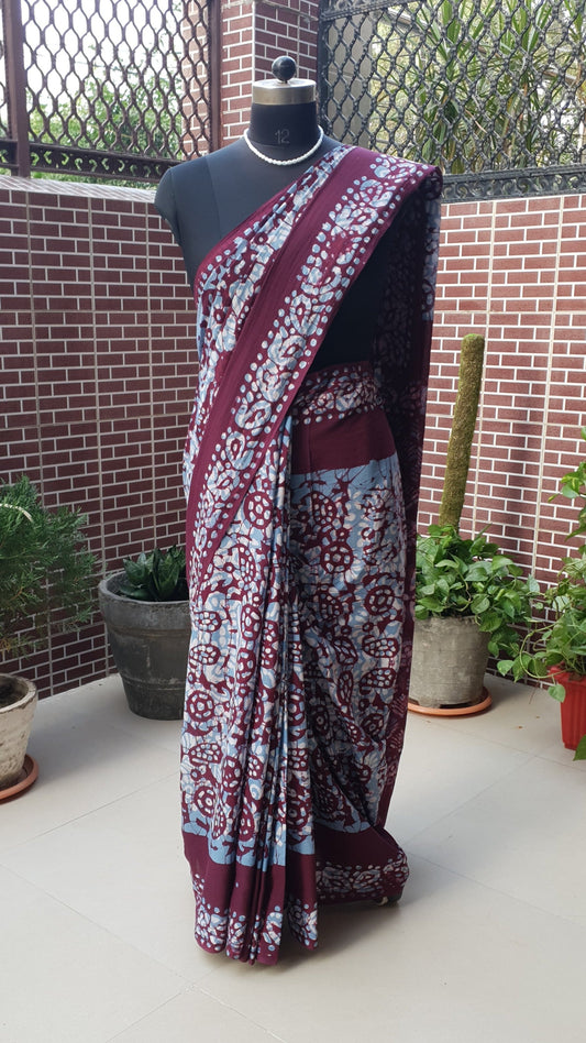 Wine & Blue HBP Mul Cotton Saree MCHB-0019