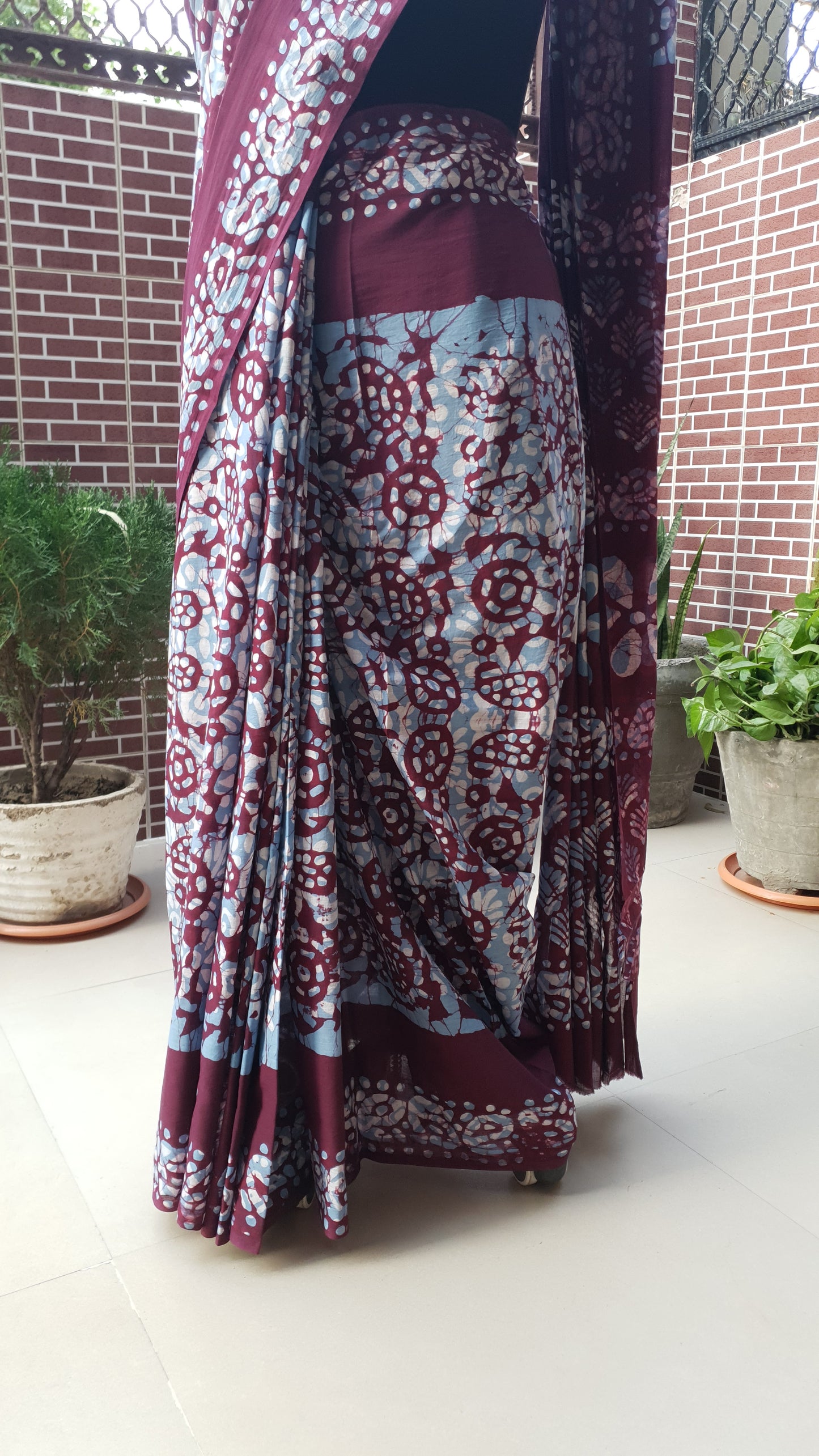 Wine & Blue HBP Mul Cotton Saree MCHB-0019