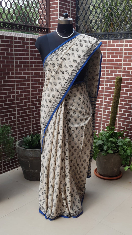 Beige & Blue HBP Mul Cotton Saree MCHB-0023