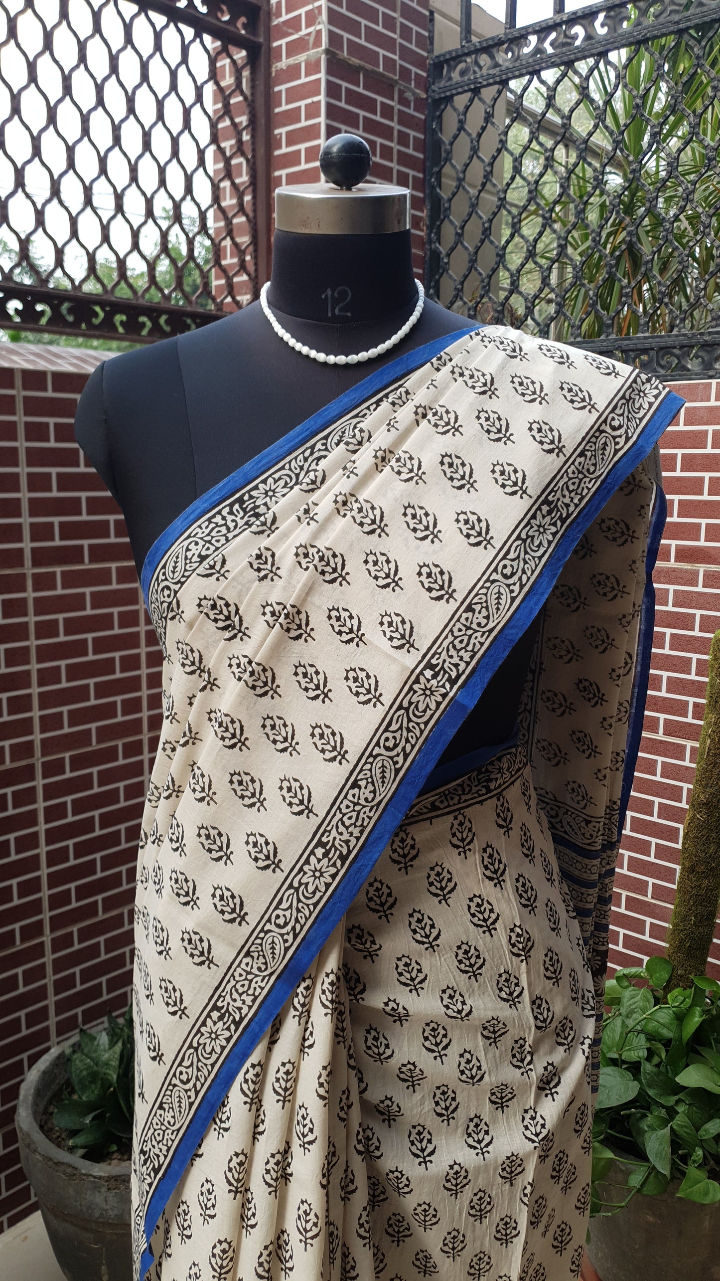 Beige & Blue HBP Mul Cotton Saree MCHB-0023