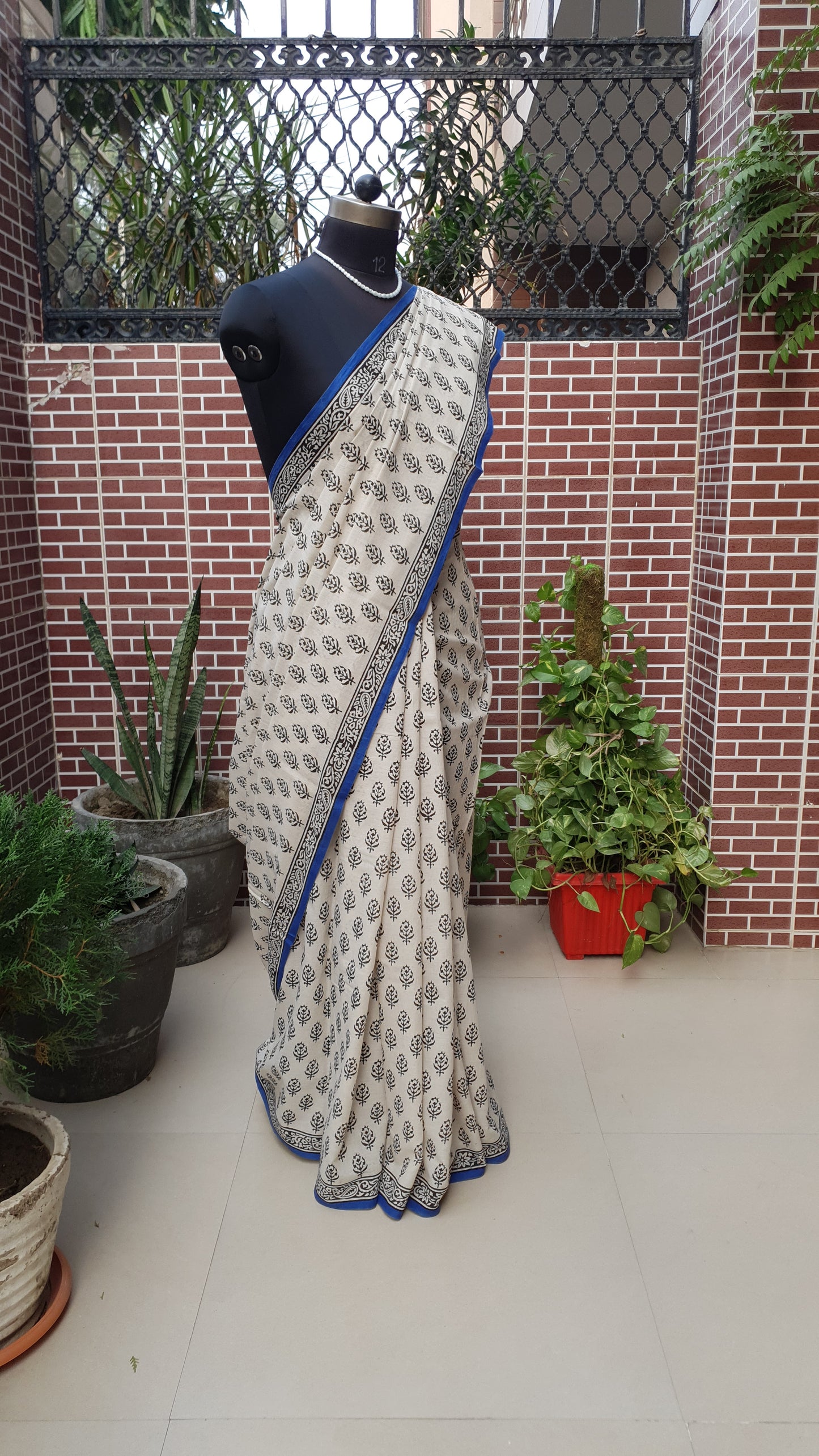 Beige & Blue HBP Mul Cotton Saree MCHB-0023