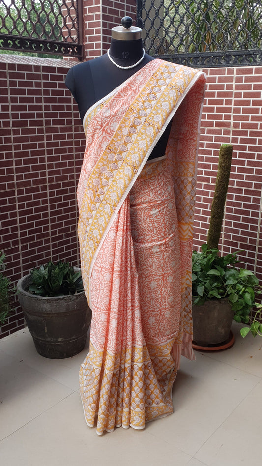 Peach HBP Mul Cotton Saree MCHB-0017