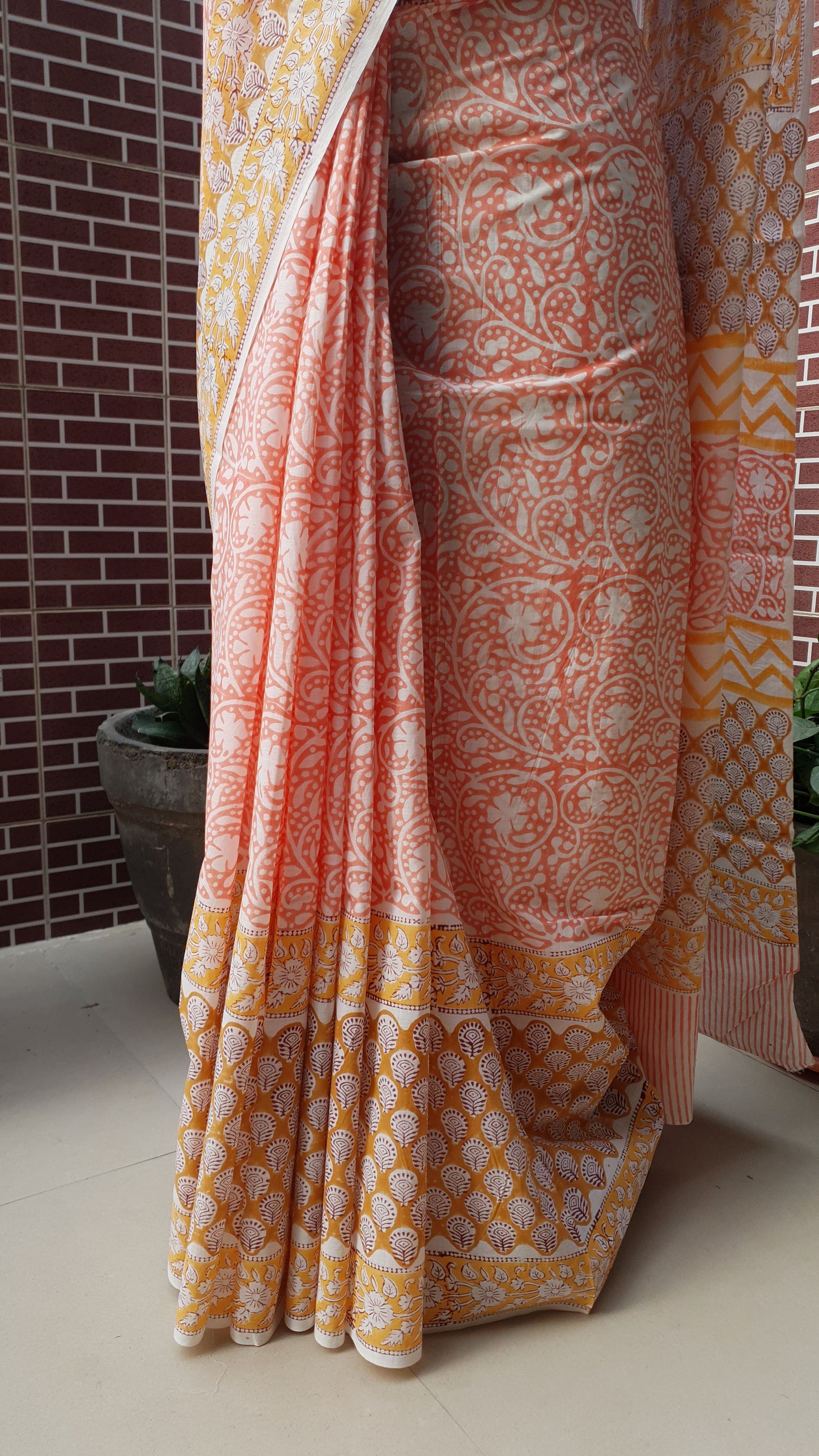 Peach HBP Mul Cotton Saree MCHB-0017