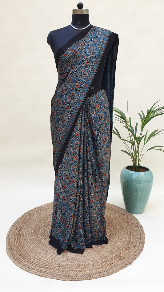 Blue Ajrakh HBP Modal Silk Saree MSAJ-0005