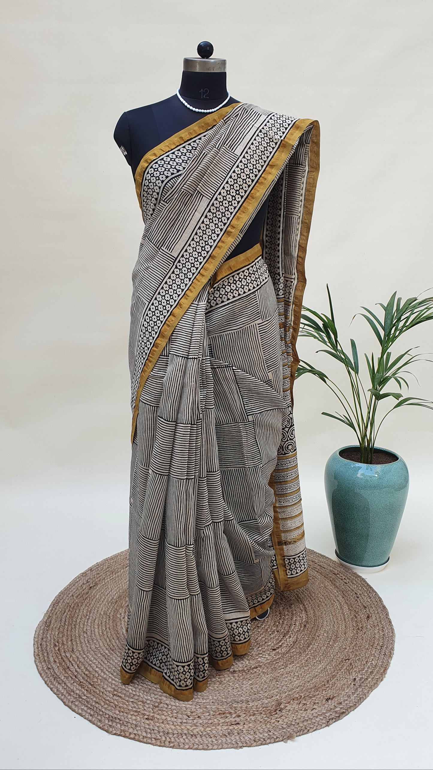 Black/ Mustard Border Chanderi Saree SCCH-0014