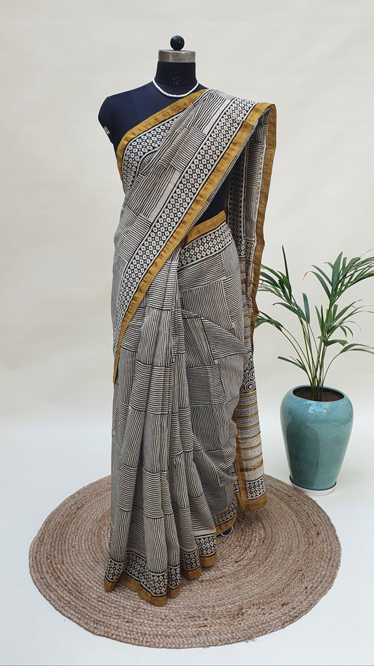 Black/ Mustard Border Chanderi Saree SCCH-0014