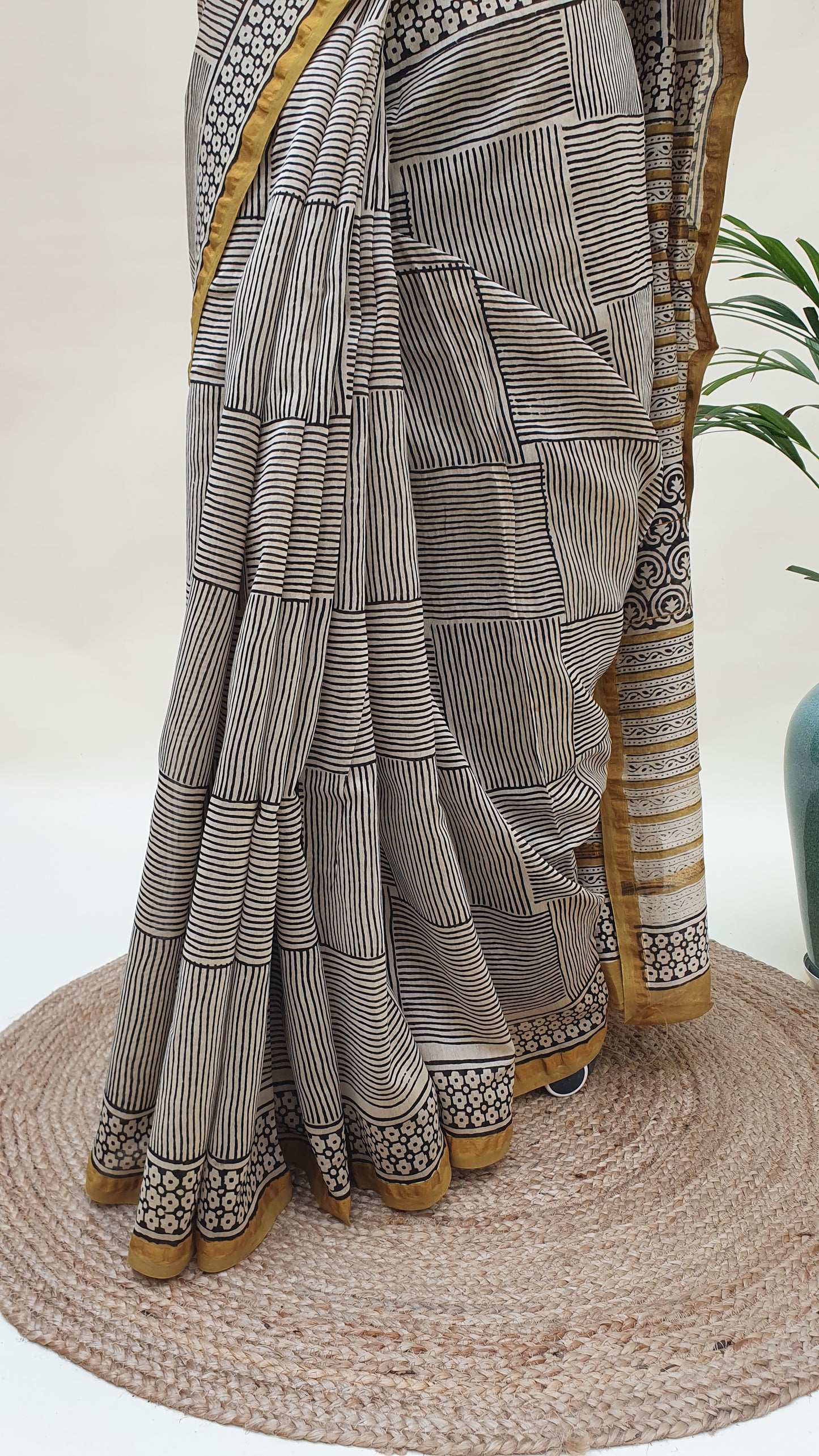 Black/ Mustard Border Chanderi Saree SCCH-0014