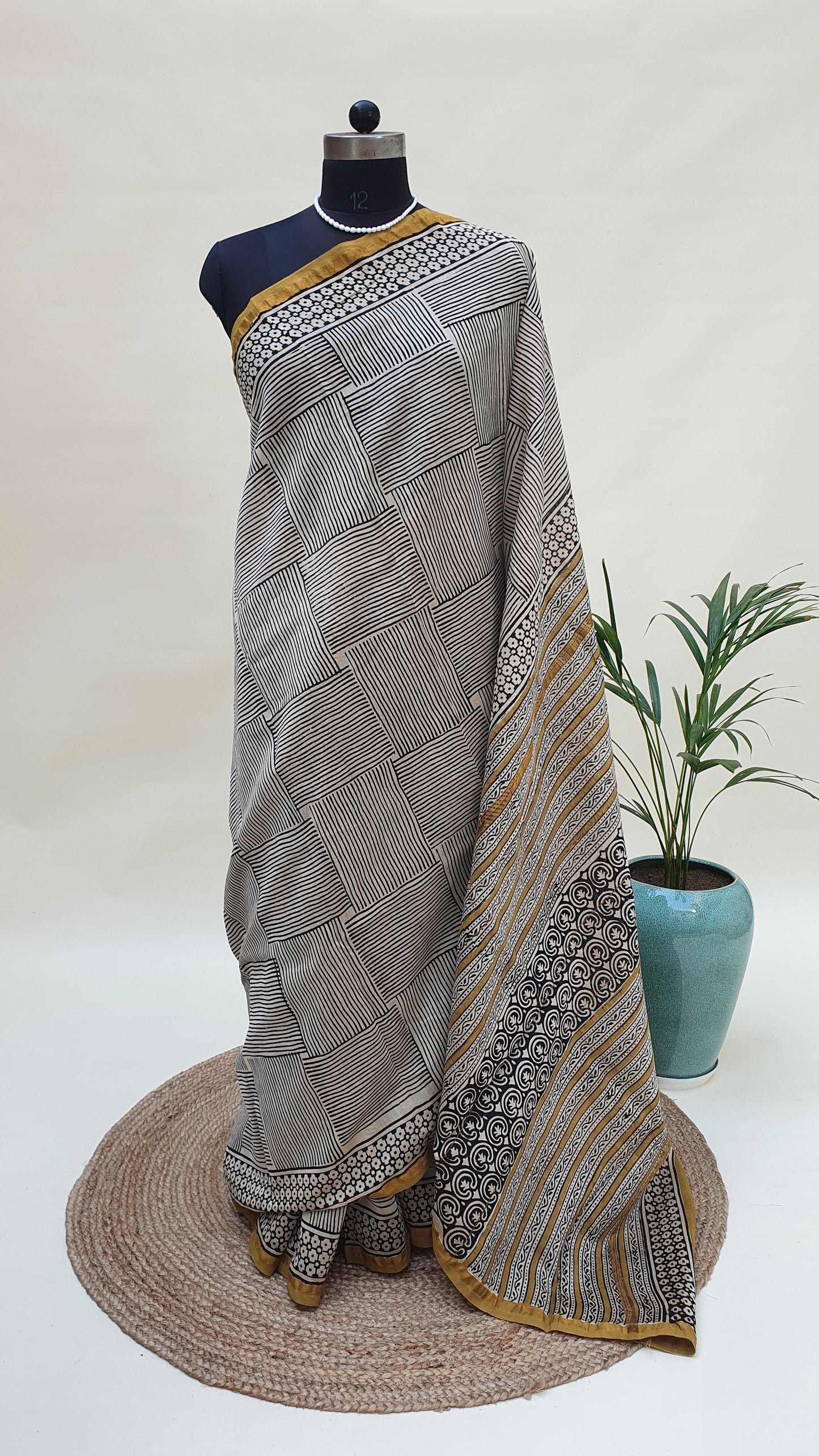 Black/ Mustard Border Chanderi Saree SCCH-0014