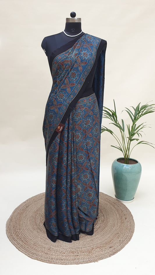 Blue Ajrakh HBP Modal Silk Saree MSAJ-0004