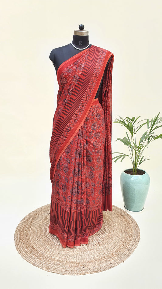 Dusty Red Ajrakh HBP Modal Silk Saree MSAJ-0001