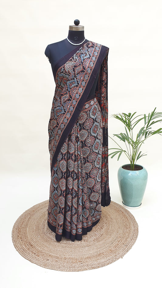 Blue Ajrakh Modal Silk Saree MSAJ-0007