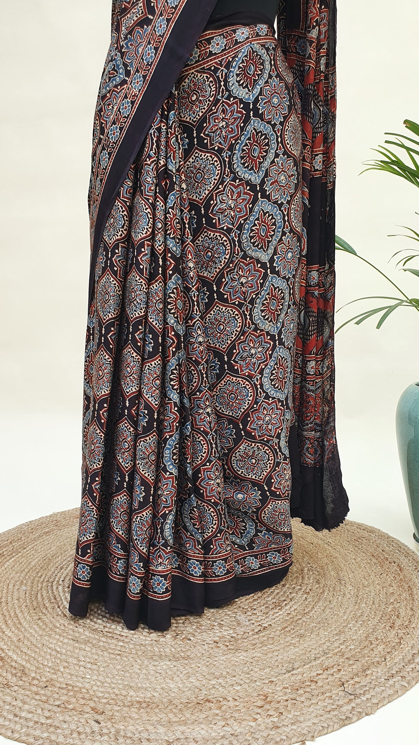Blue Ajrakh Modal Silk Saree MSAJ-0007