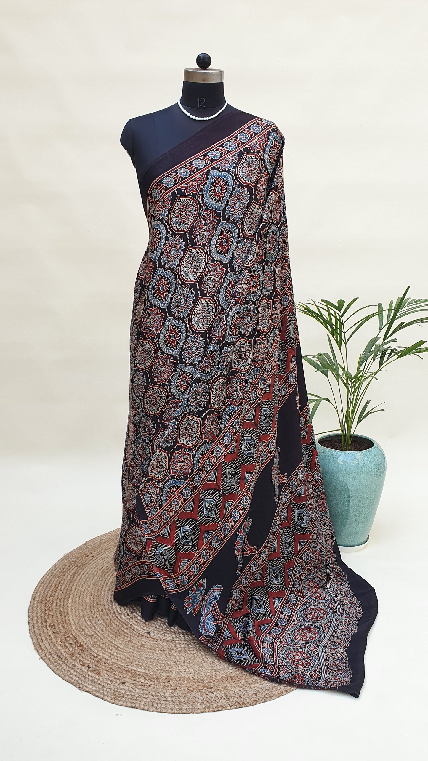 Blue Ajrakh Modal Silk Saree MSAJ-0007
