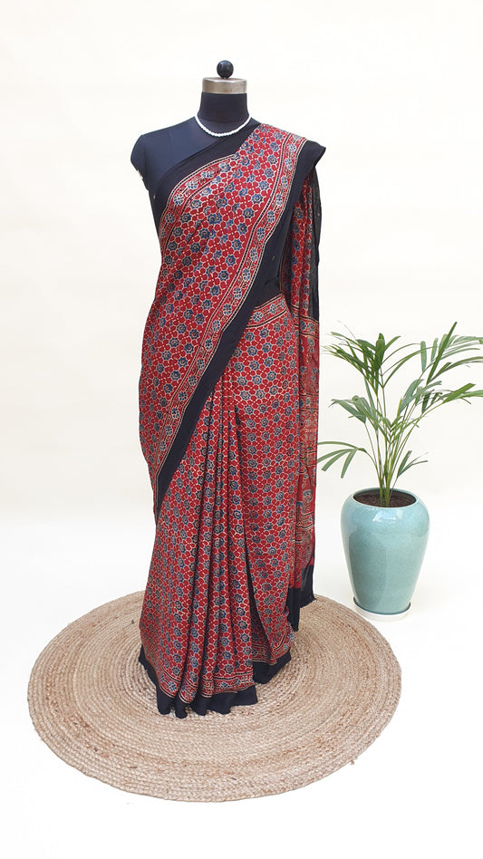Red Ajrakh Modal Silk Saree MSAJ-0006