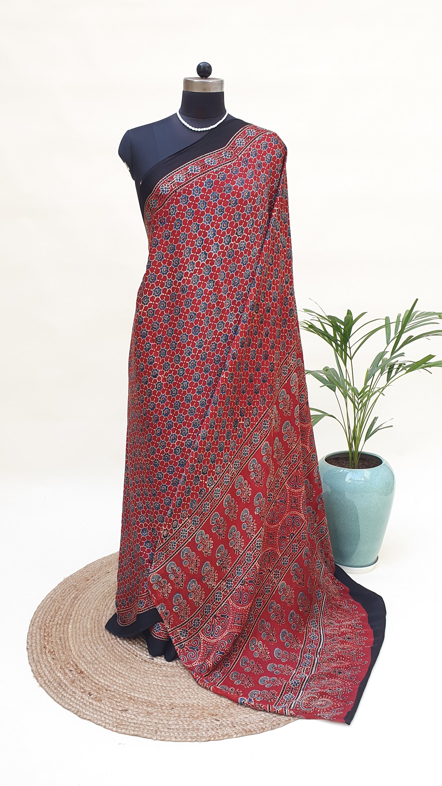 Red Ajrakh Modal Silk Saree MSAJ-0006