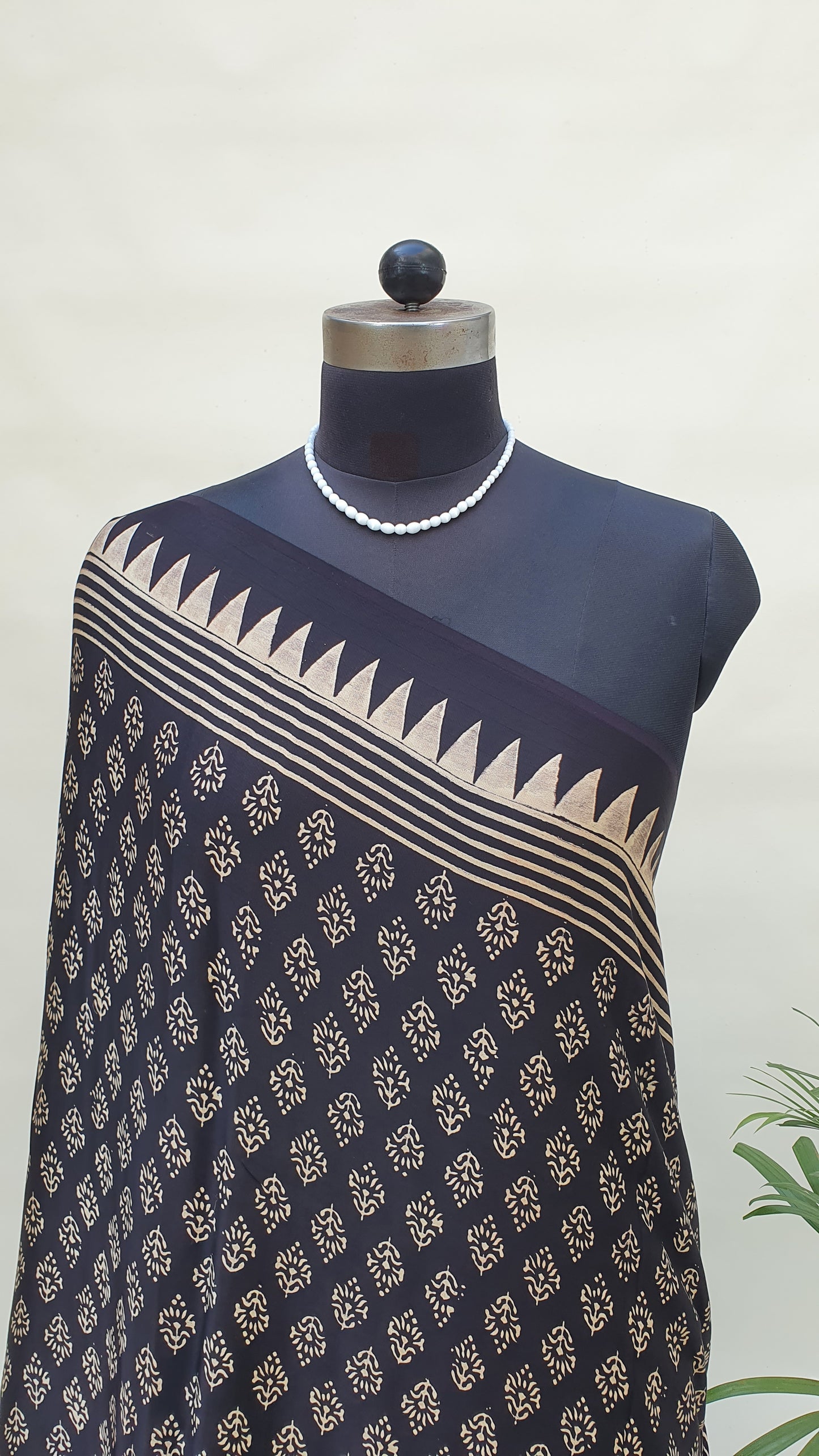 Black & Beige Ajrakh HBP Modal Silk Saree MSAJ-0003