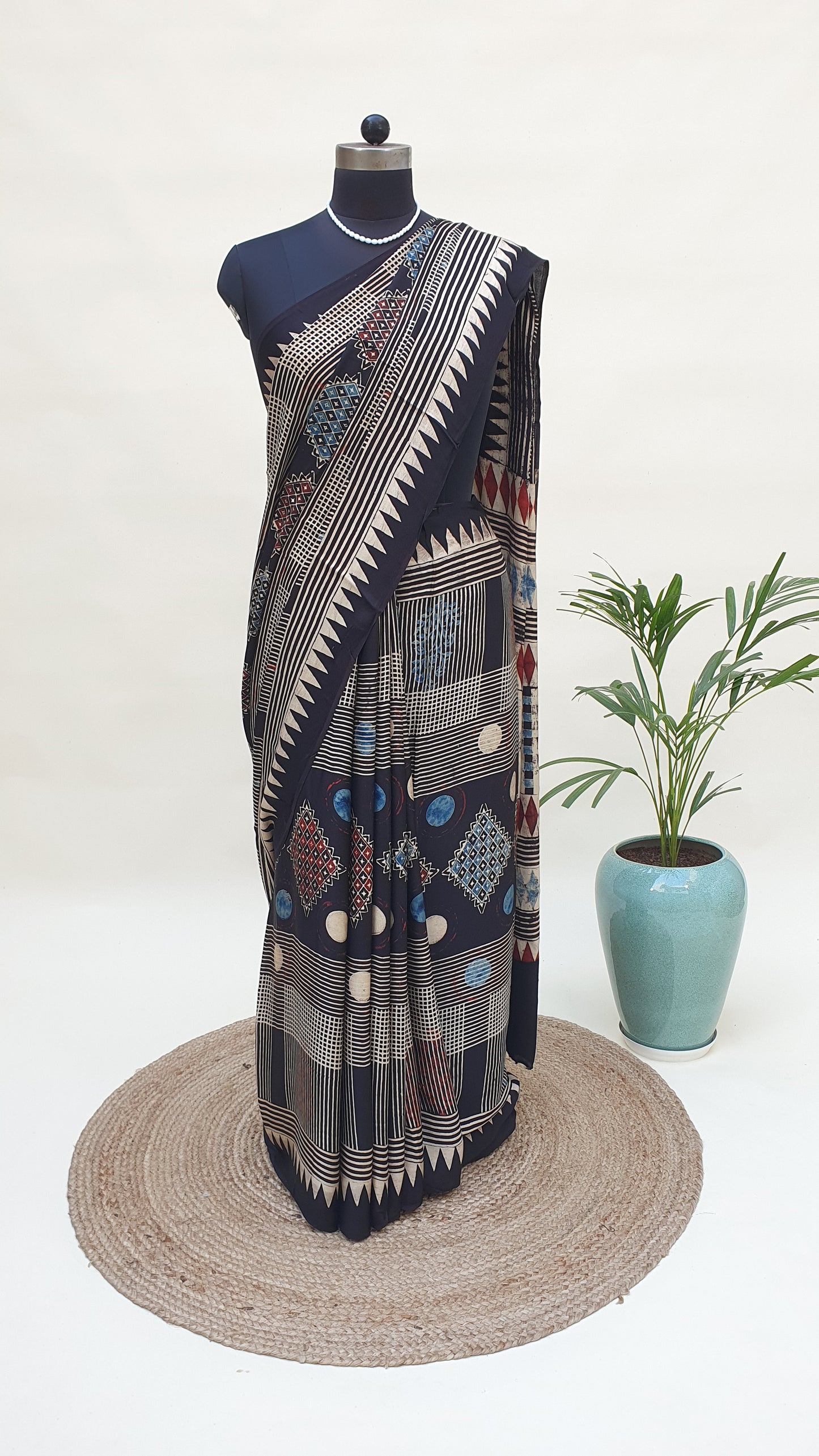 Black & Beige Ajrakh HBP Modal Silk Saree MSAJ-0003