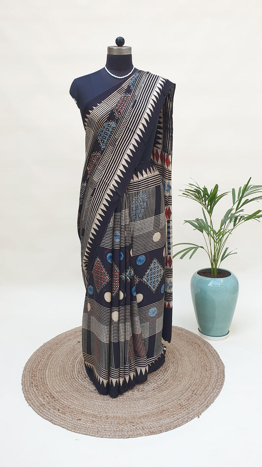 Black & Beige Ajrakh HBP Modal Silk Saree MSAJ-0003