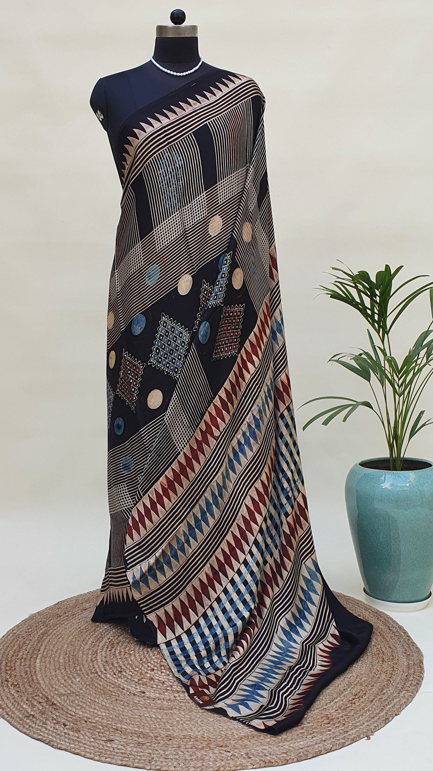 Black & Beige Ajrakh HBP Modal Silk Saree MSAJ-0003