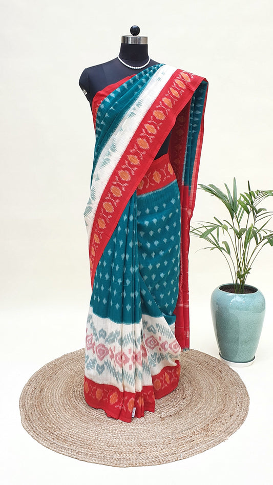 Noble Green & Red Hand Woven Pochampalli Ikkat Saree PPHW-0006