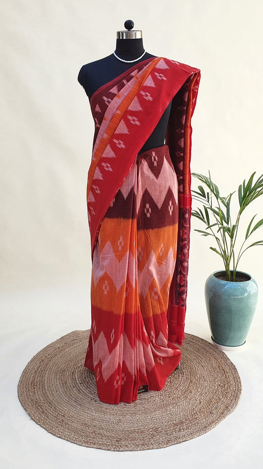 Red Sunflower Hand Woven Pochampalli Ikkat Saree PPHW-0003