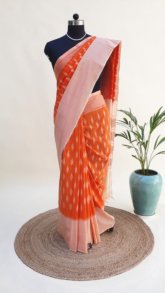Orange & Cream Hand Woven Pochampalli Ikkat Saree PPHW-0004