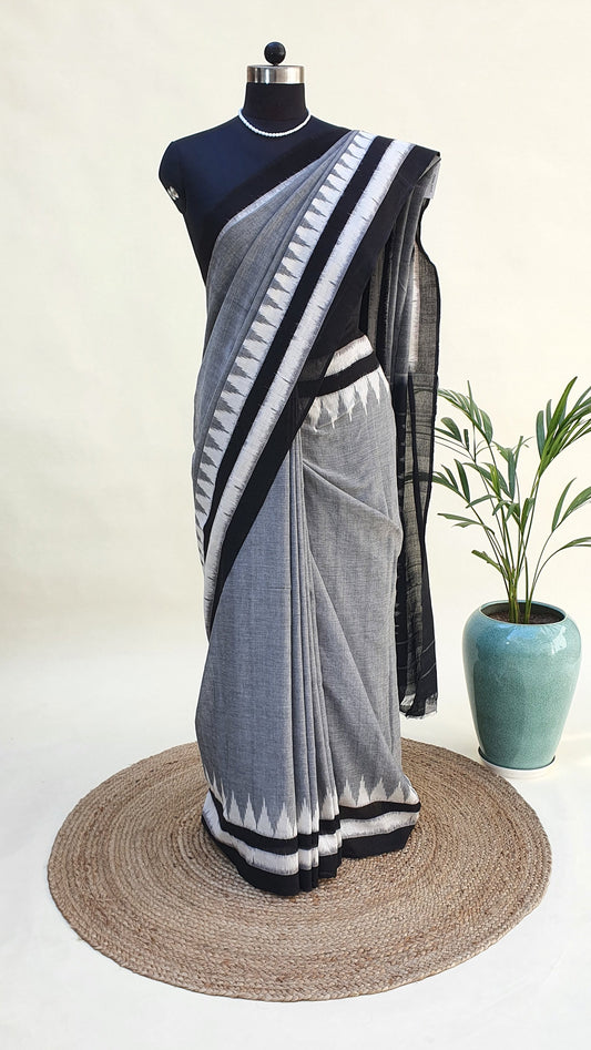 Metal Grey Hand Woven Pochampalli Ikkat Saree PPHW-0005