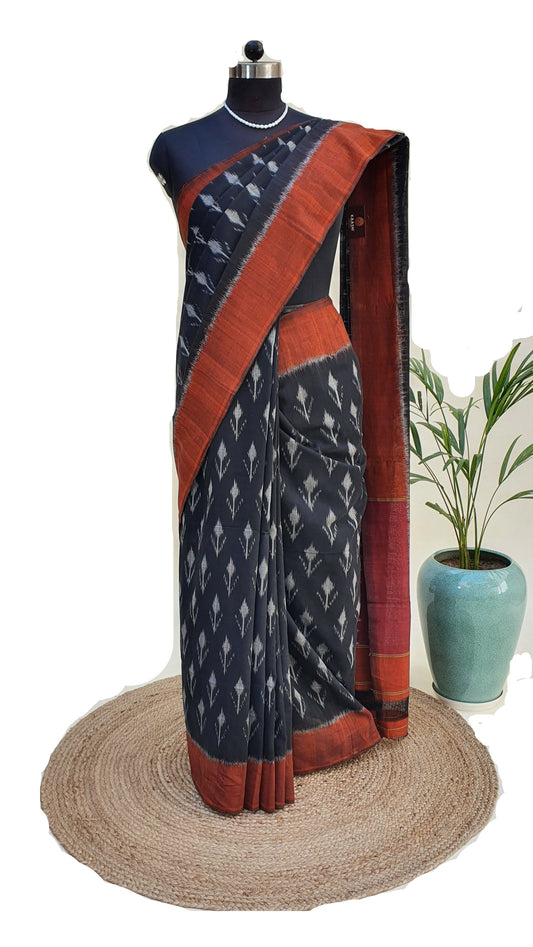 Black & Rust Hand Woven Pochampalli Ikkat Saree PPHW-0008