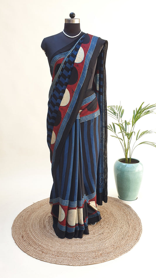 Blue Ajrakh Modal Silk Saree MSAJ-0011