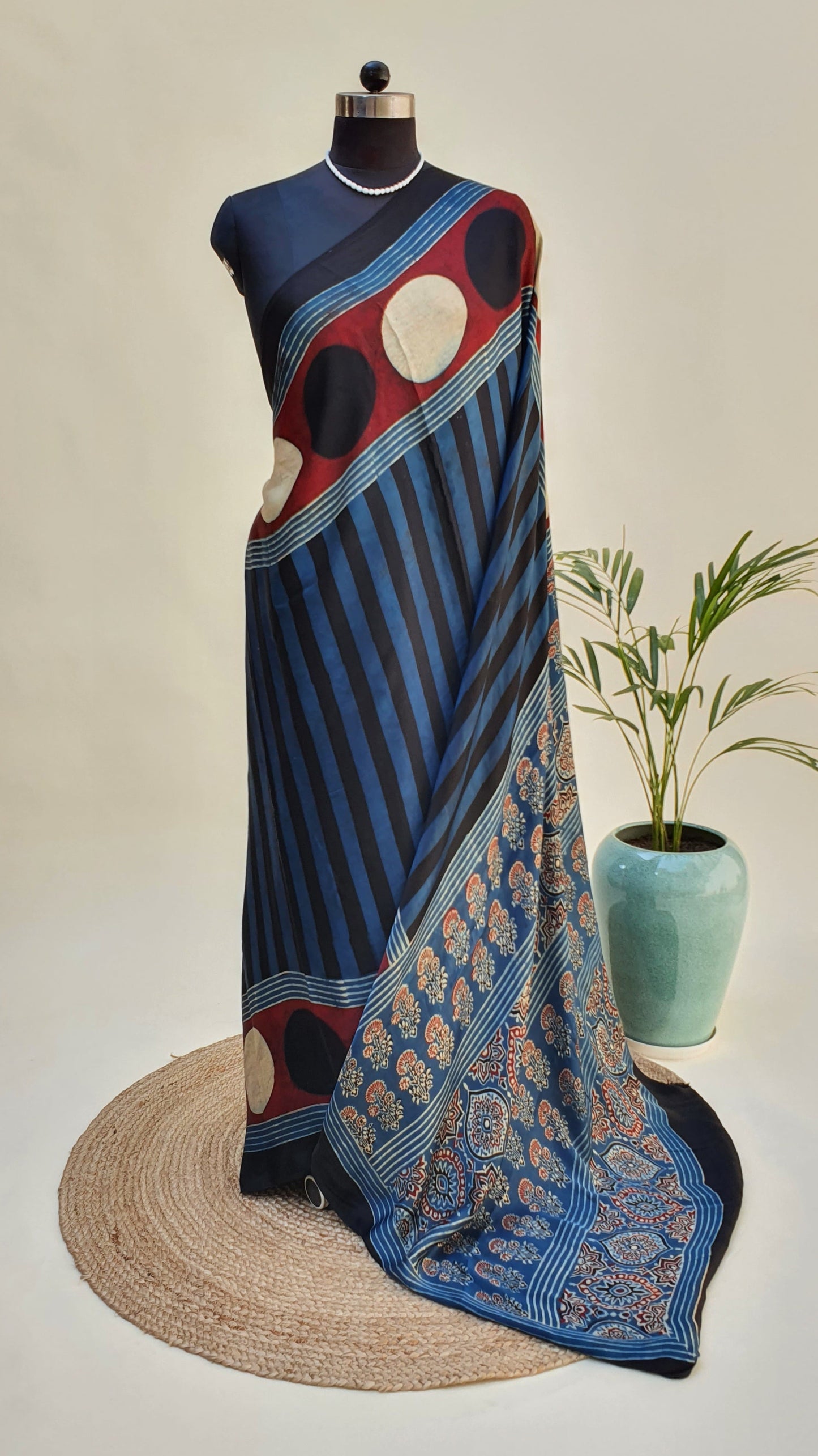 Blue Ajrakh Modal Silk Saree MSAJ-0011