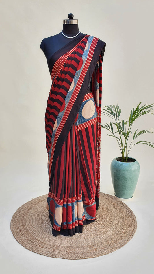 Opera Red Ajrakh Modal Silk Saree MSAJ-0009