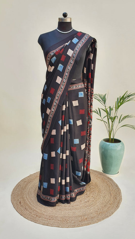 Night Blue Ajrakh Modal Silk Saree MSAJ-0010
