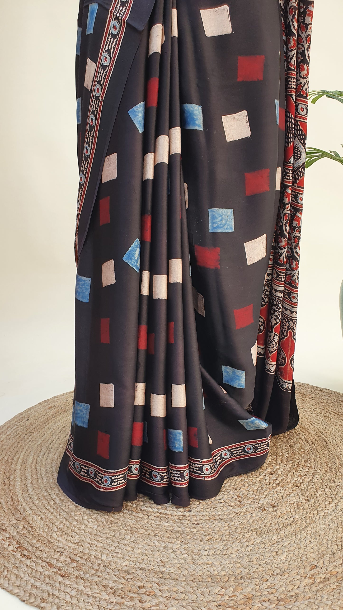 Night Blue Ajrakh Modal Silk Saree MSAJ-0010