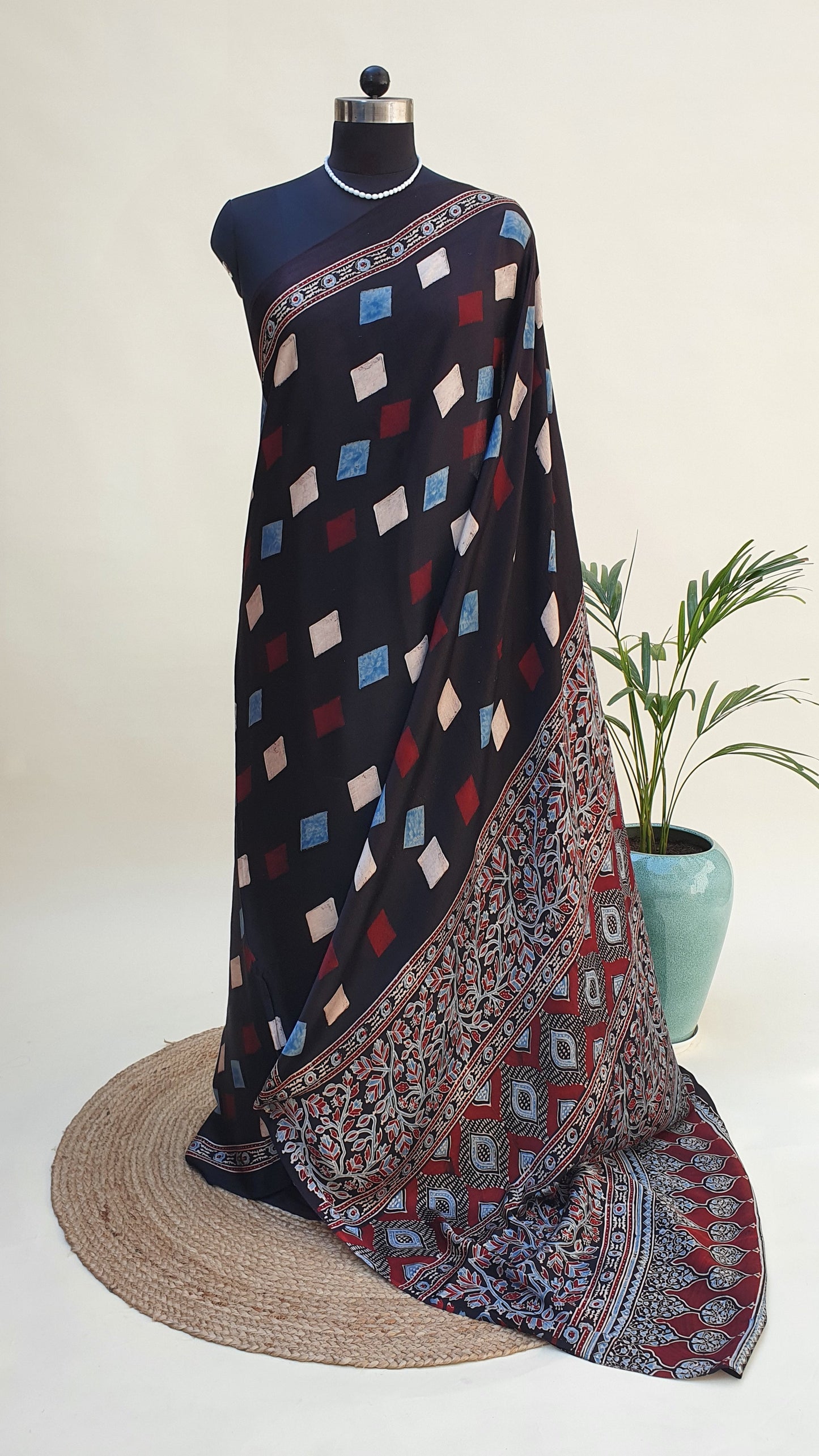Night Blue Ajrakh Modal Silk Saree MSAJ-0010