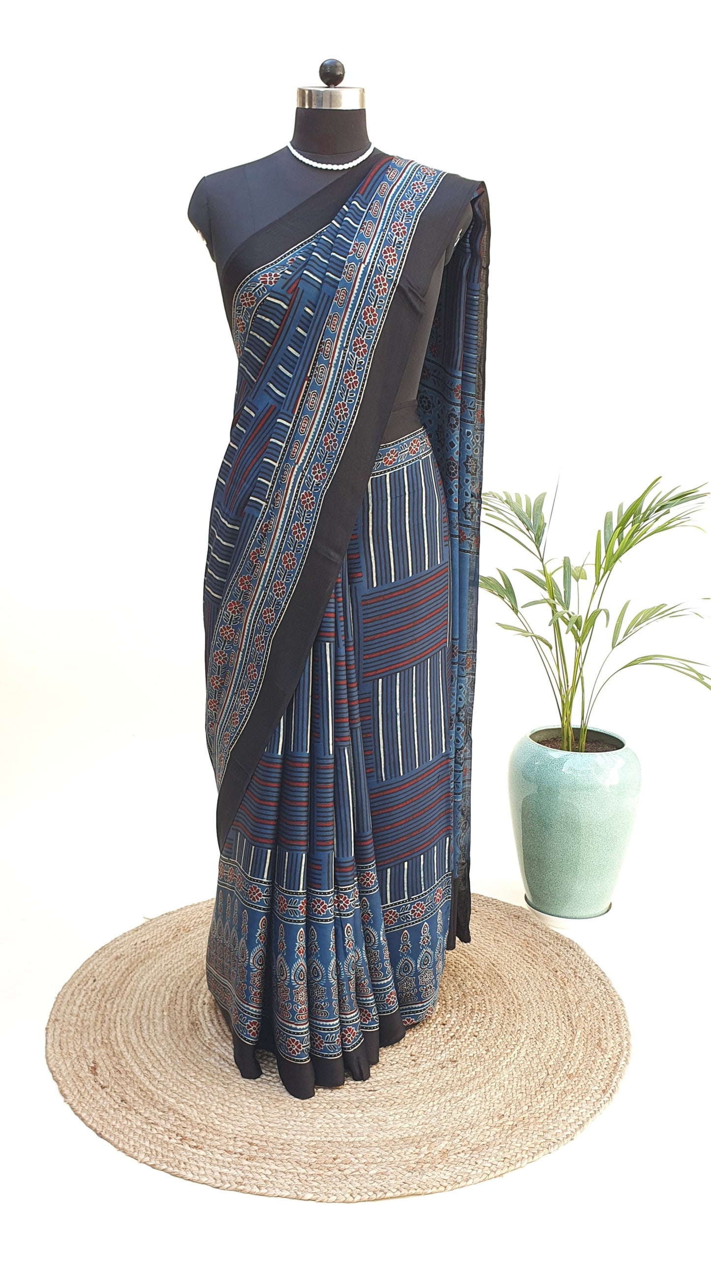 Blue Ajrakh Modal Silk Saree MSAJ-0008