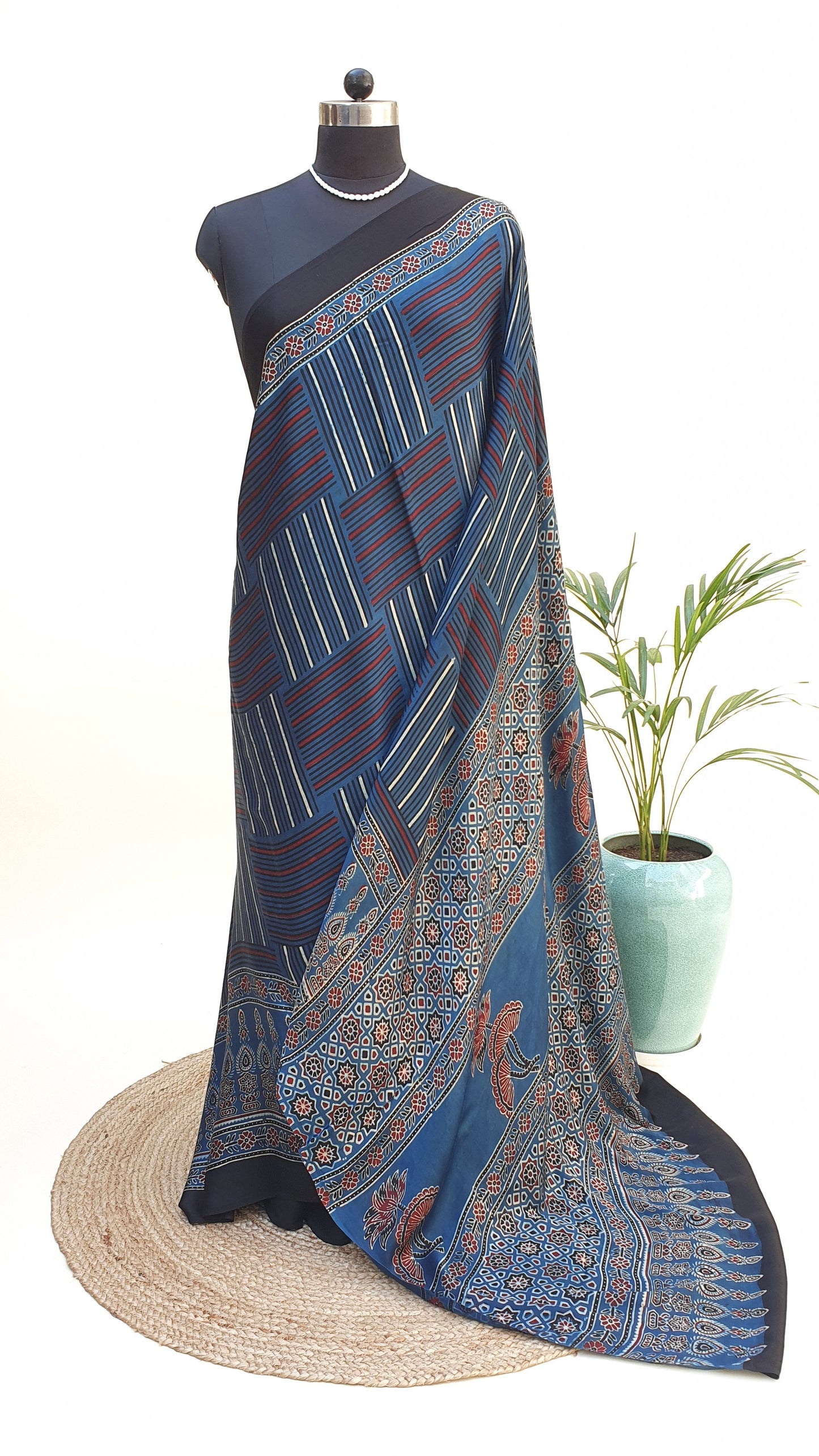 Blue Ajrakh Modal Silk Saree MSAJ-0008