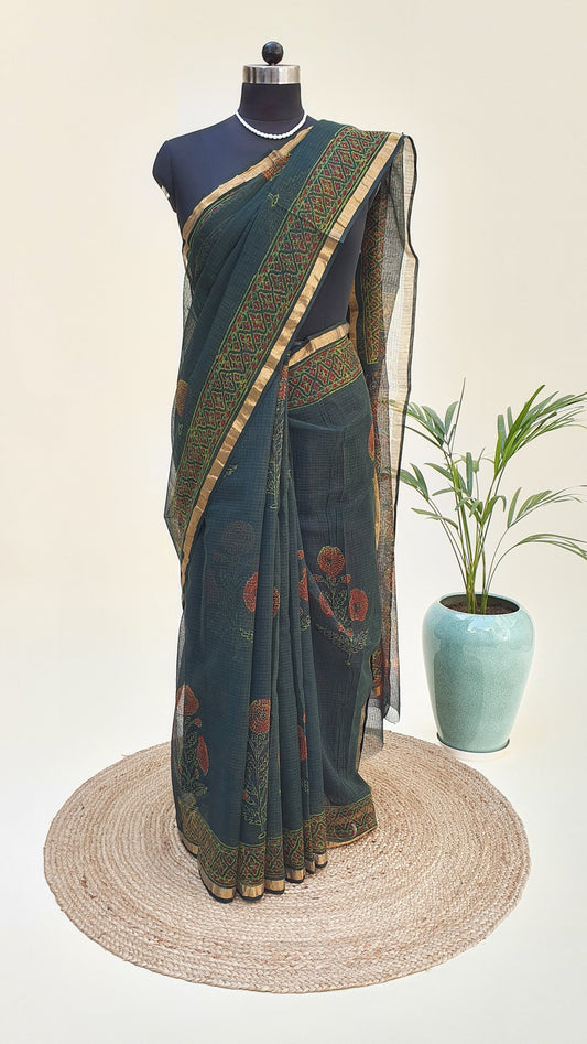 Bottle Green Kota Doria Saree KDHB-0003