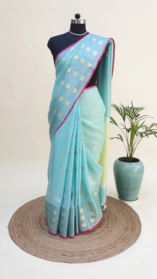 Sea Green & Lemon Hand Woven Linen Saree LNHW-0002