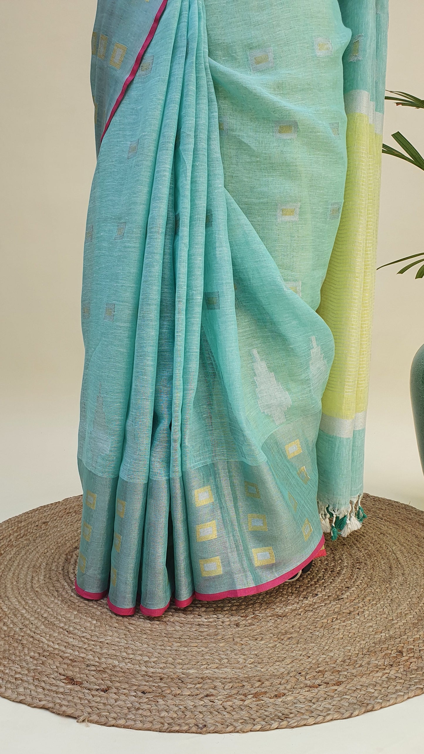 Sea Green & Lemon Hand Woven Linen Saree LNHW-0002
