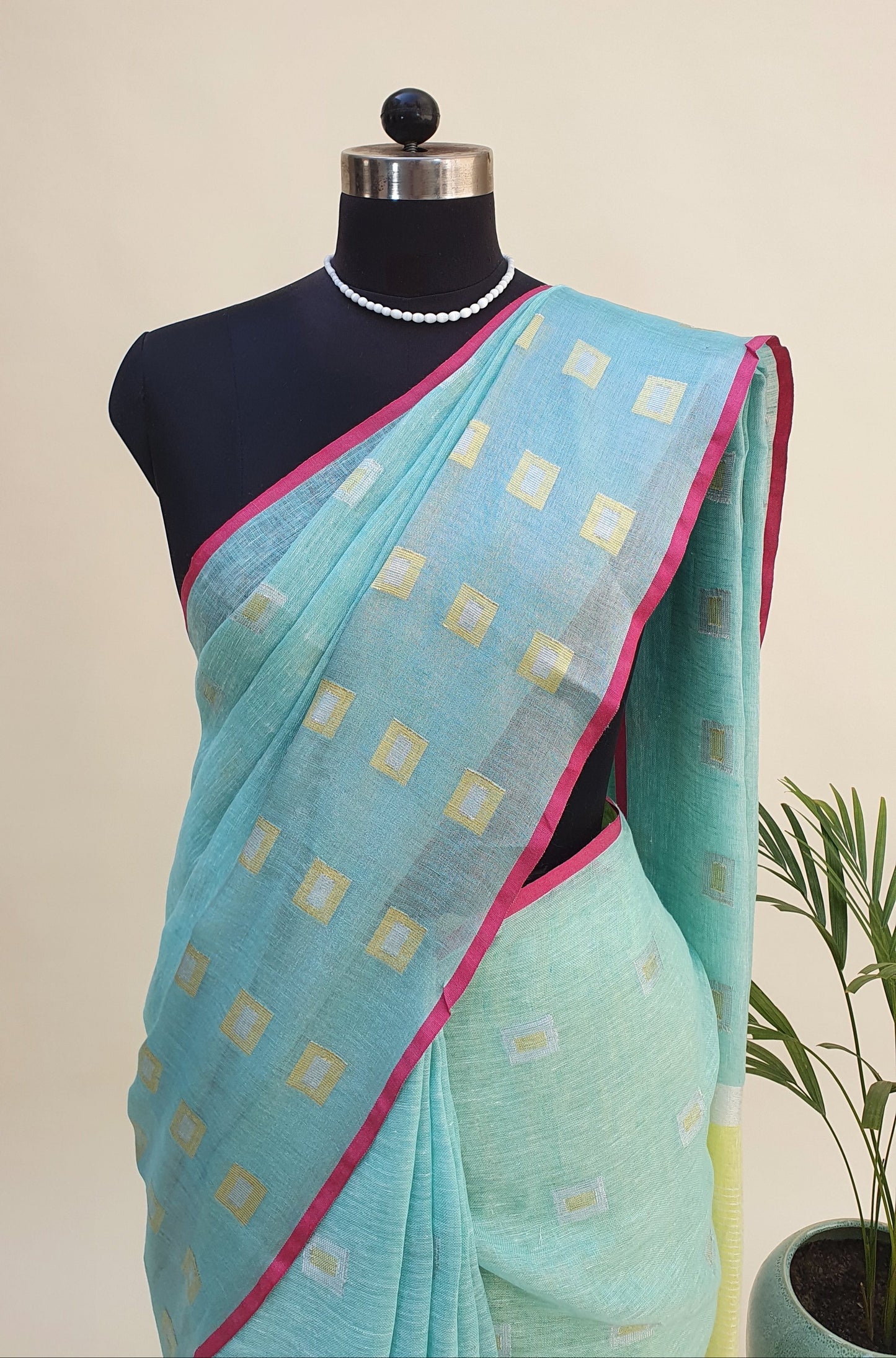 Sea Green & Lemon Hand Woven Linen Saree LNHW-0002