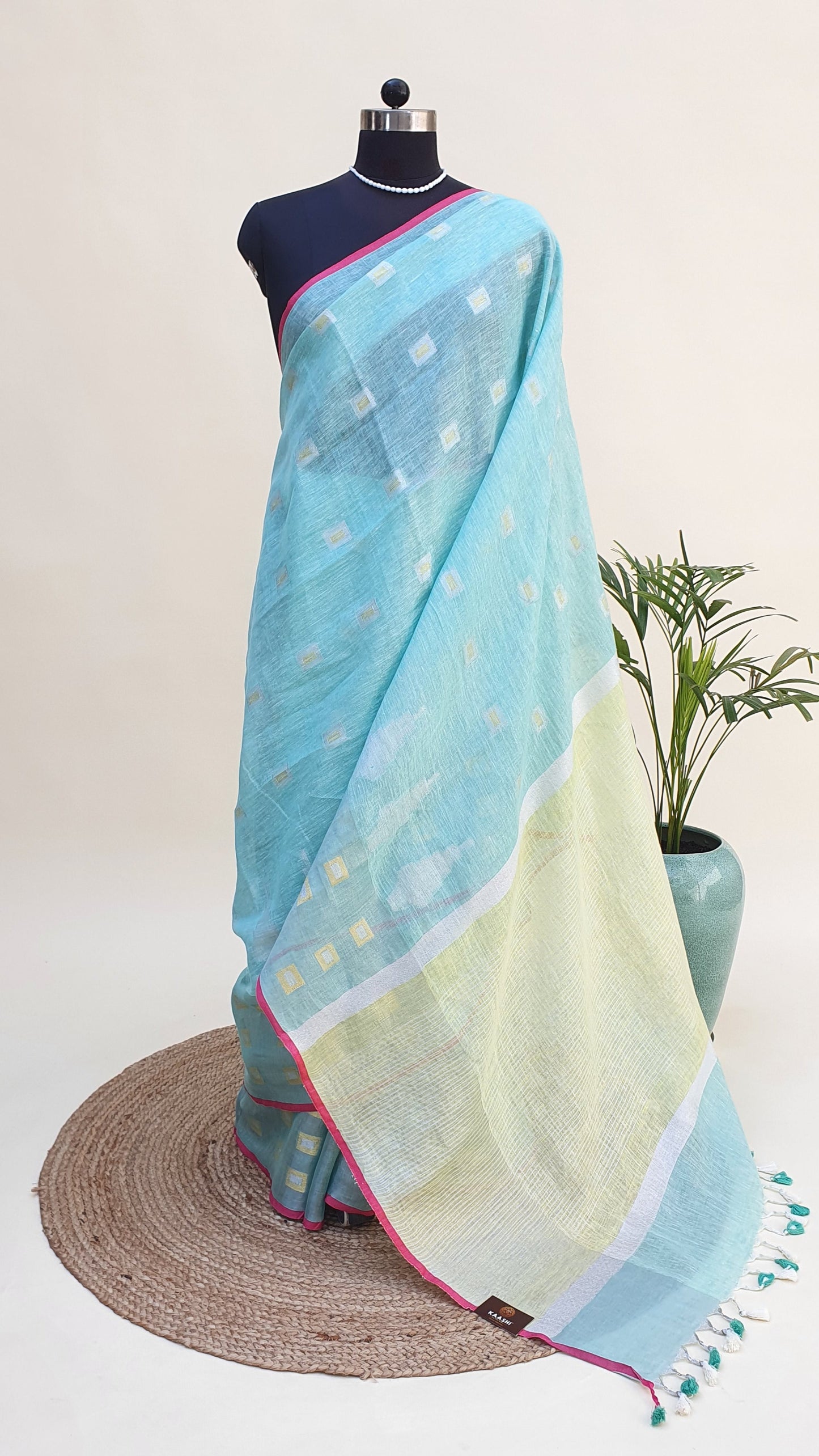 Sea Green & Lemon Hand Woven Linen Saree LNHW-0002