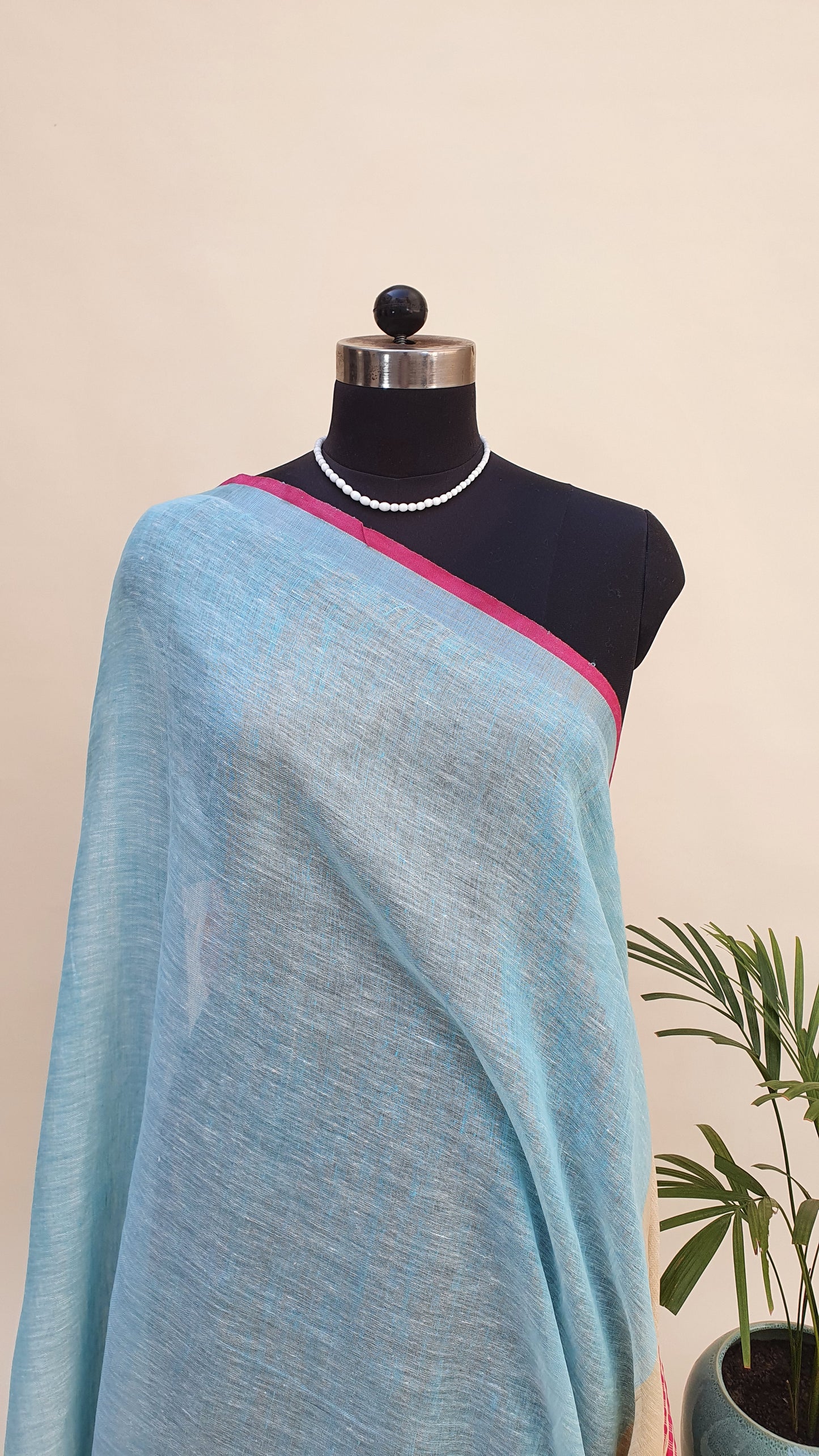Beige, Blue & Pink Hand Woven Linen Saree LNHW-0001