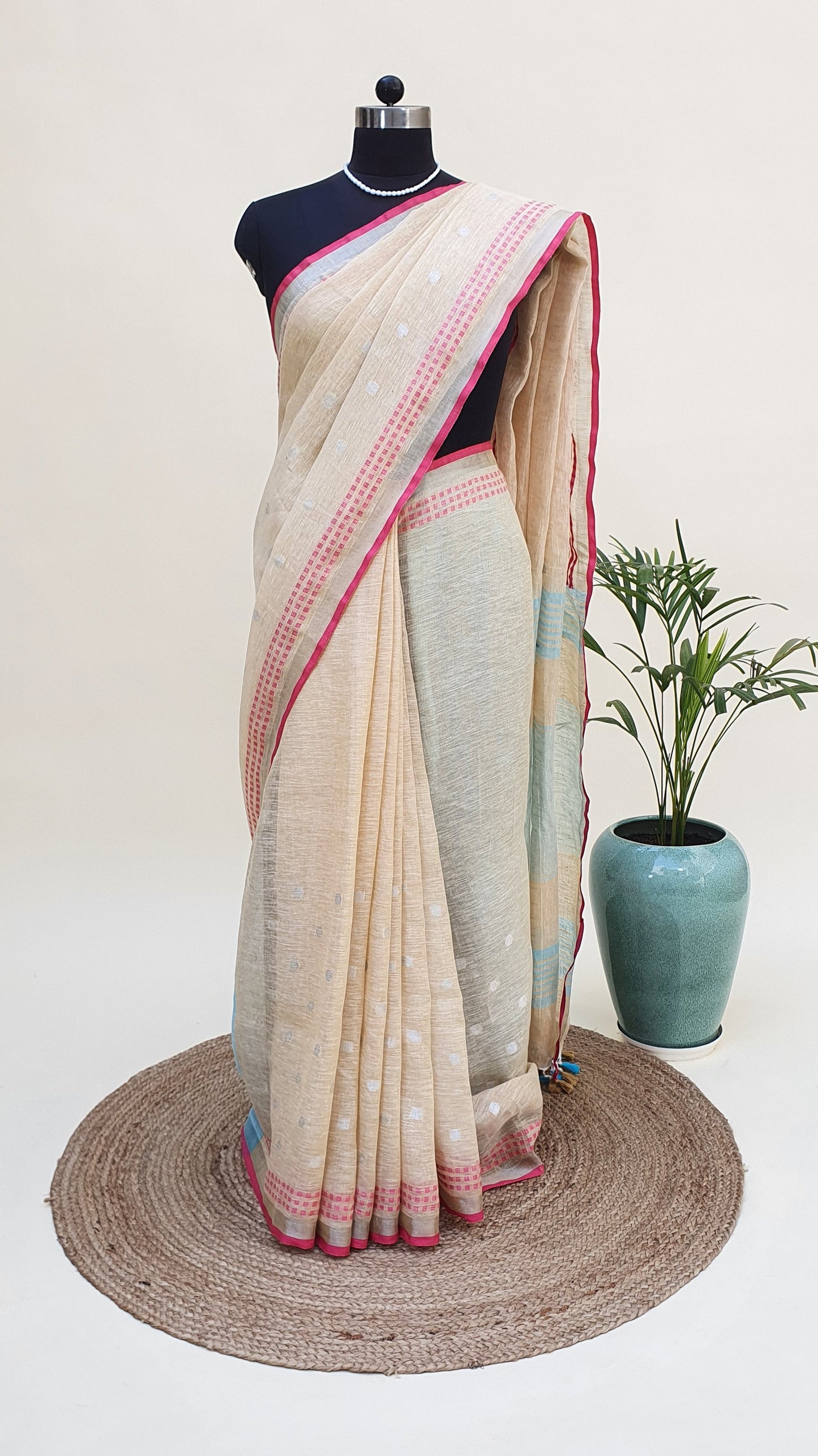 Beige, Blue & Pink Hand Woven Linen Saree LNHW-0001