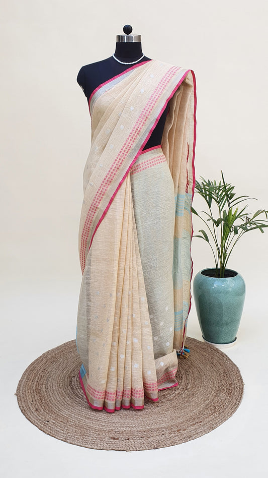 Beige, Blue & Pink Hand Woven Linen Saree LNHW-0001
