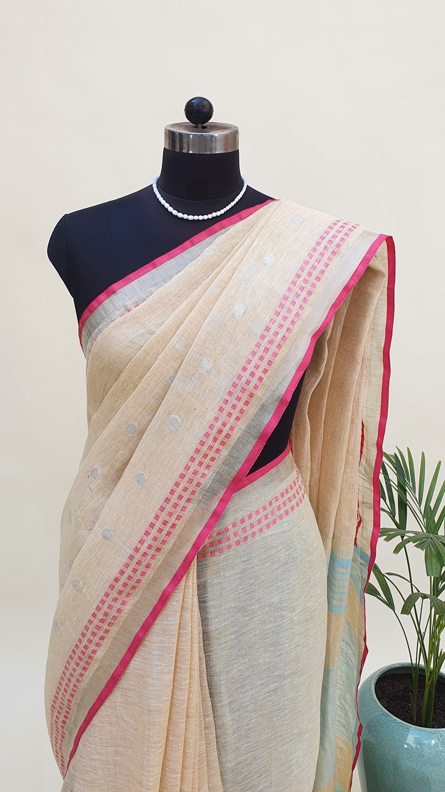Beige, Blue & Pink Hand Woven Linen Saree LNHW-0001