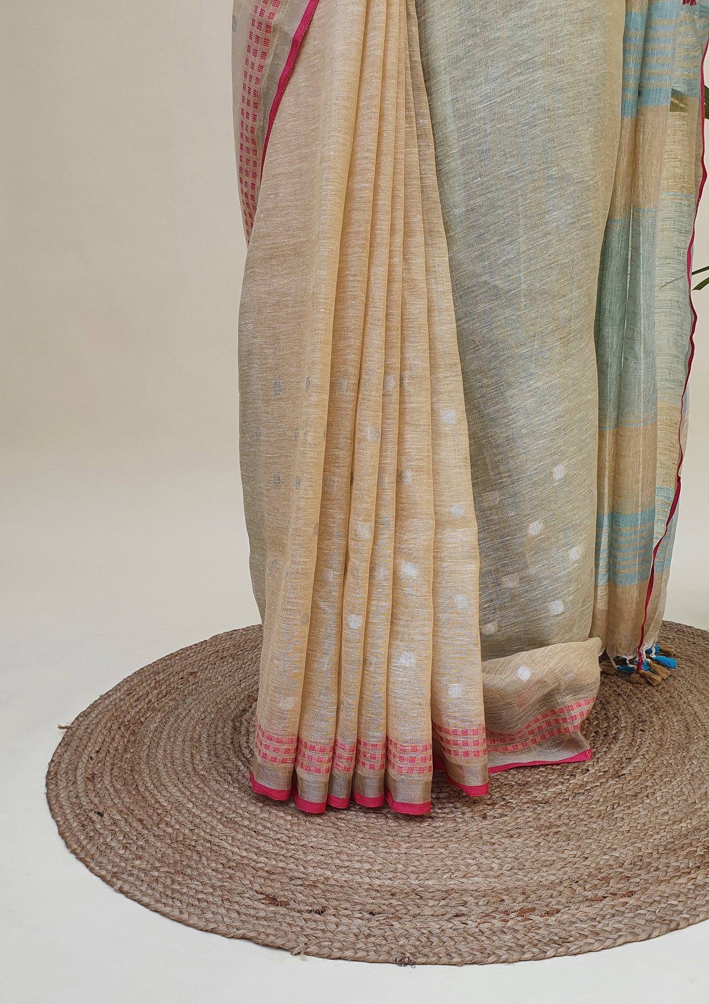 Beige, Blue & Pink Hand Woven Linen Saree LNHW-0001