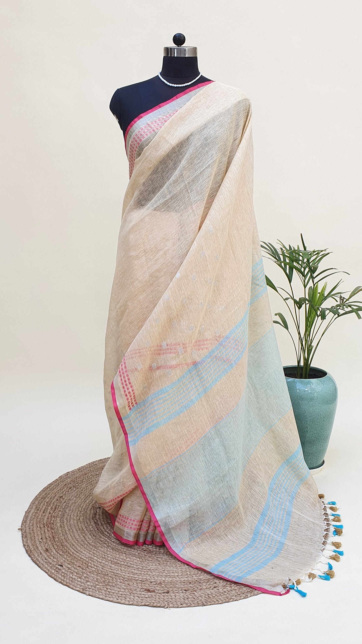 Beige, Blue & Pink Hand Woven Linen Saree LNHW-0001