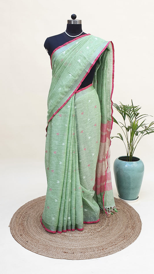 Green & Pink Hand Woven Linen Saree LNHW-0003