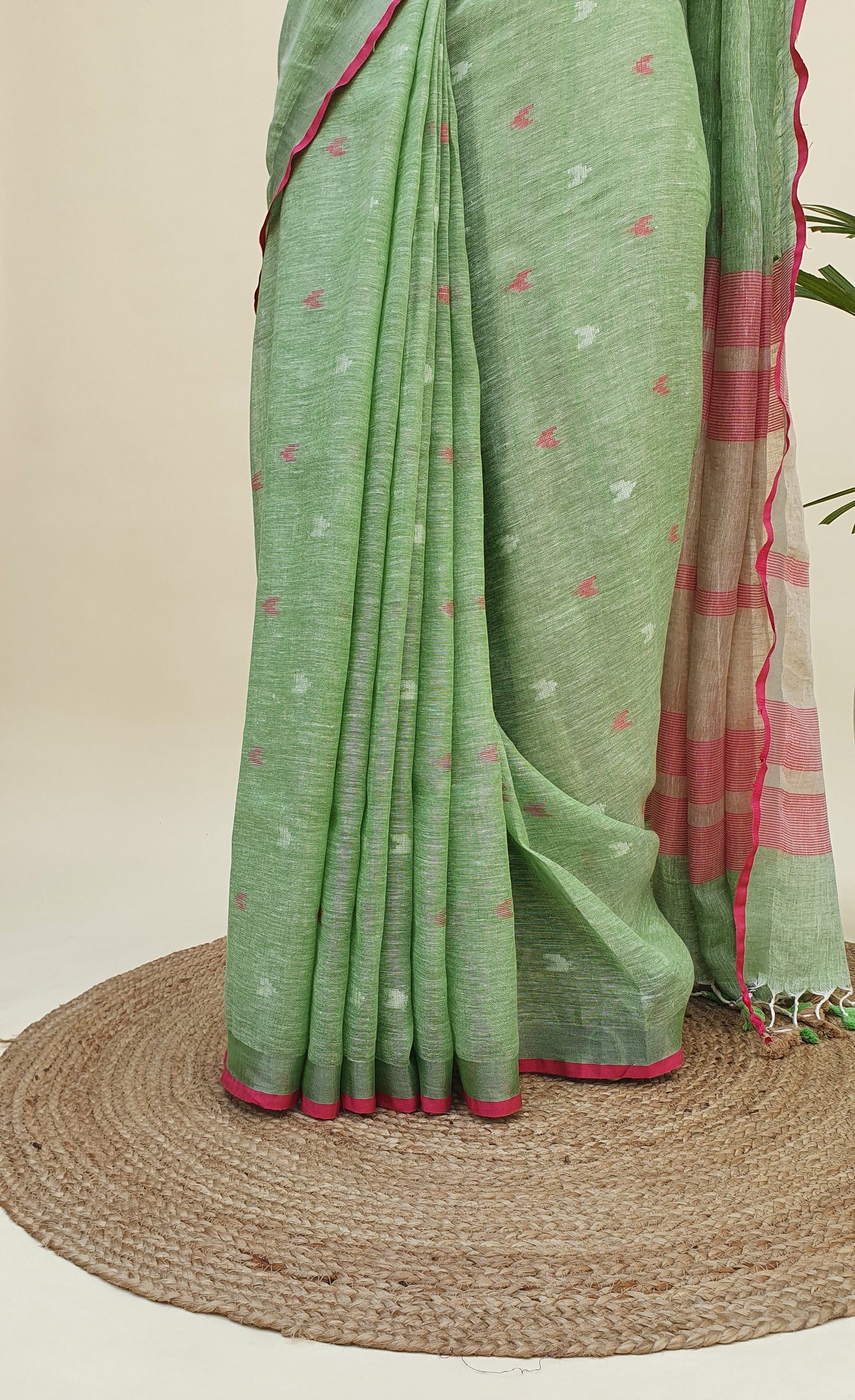 Green & Pink Hand Woven Linen Saree LNHW-0003