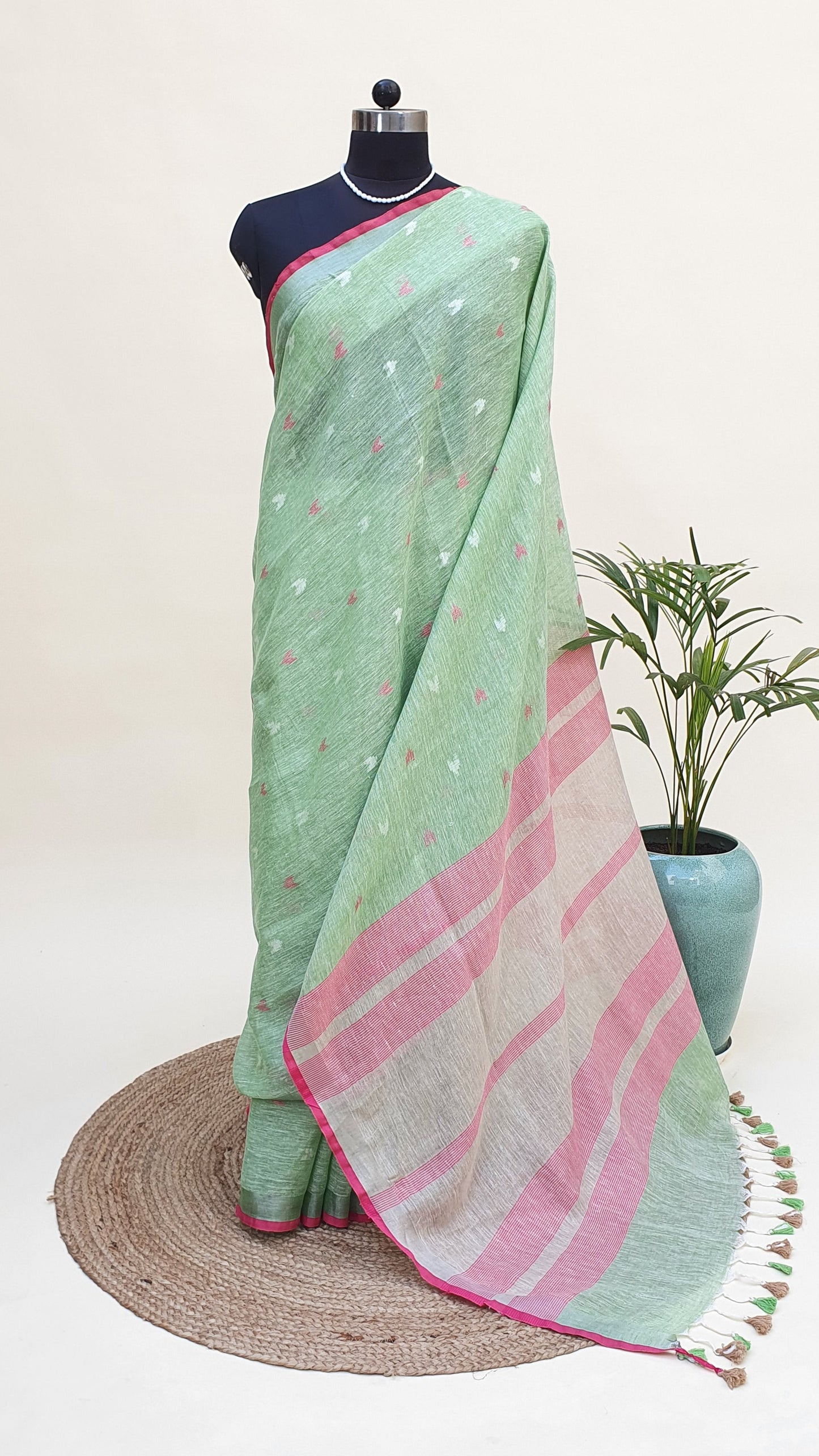 Green & Pink Hand Woven Linen Saree LNHW-0003